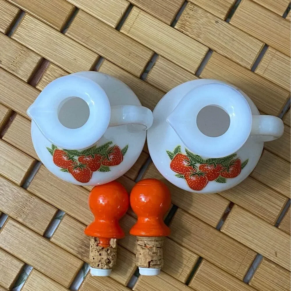 White Milk Glass Strawberry Cruets with Orange Stoppers Set of 2